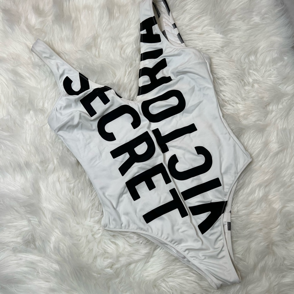 White One Piece Bikini with Black Graphic